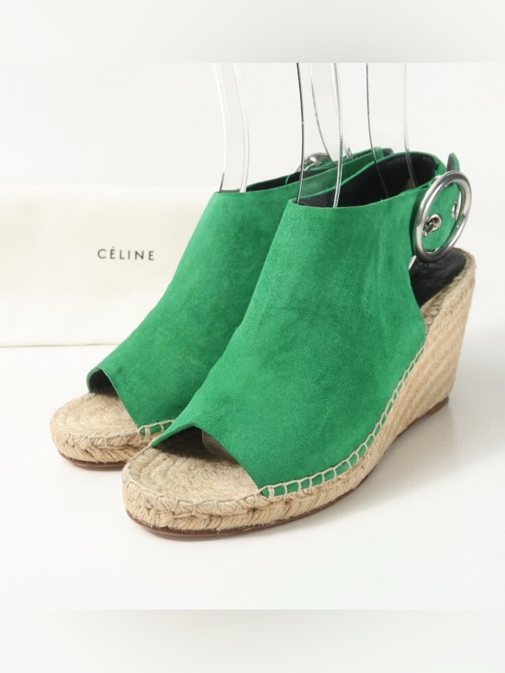 CELINE Paris Green Suede Leather Espadrille Wedge Sandals- 
Size 39